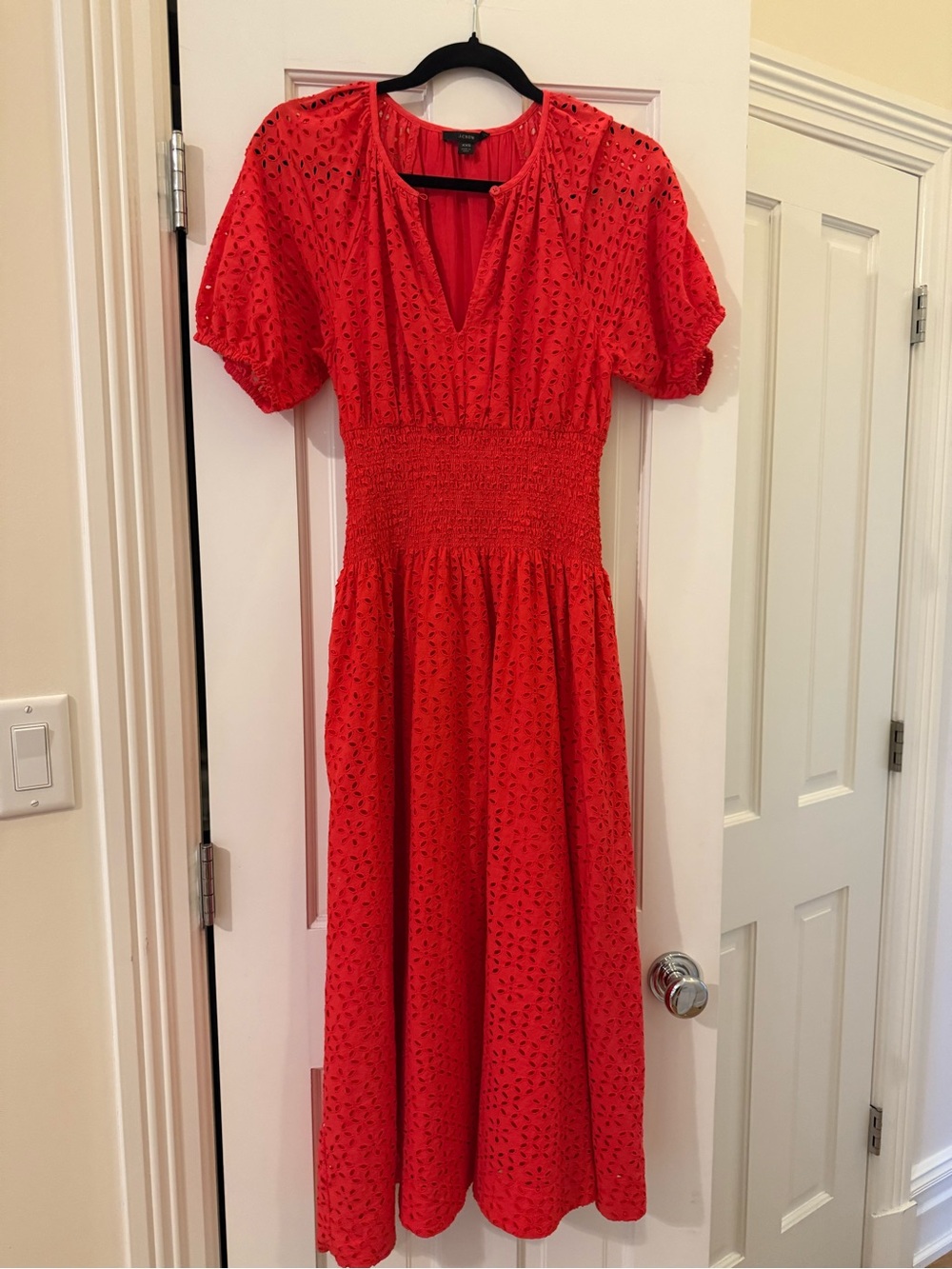J.Crew Red Eyelet Midi Dress — XXS (Fits More Like 2–4)